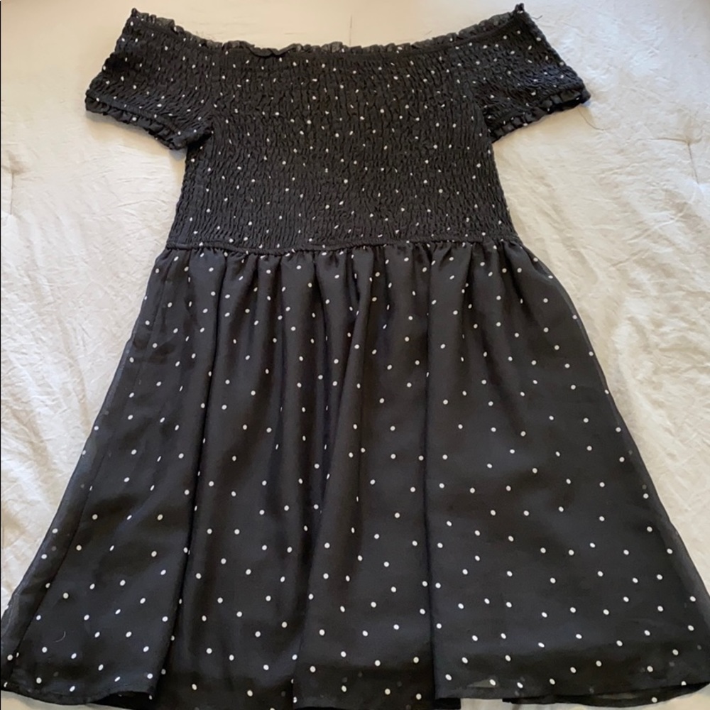 Black with white polka dot off the shoulder dress